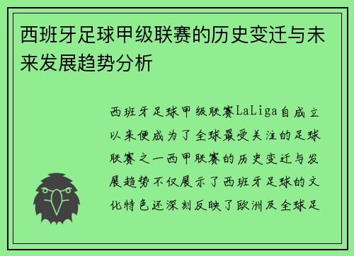 西班牙足球甲级联赛的历史变迁与未来发展趋势分析