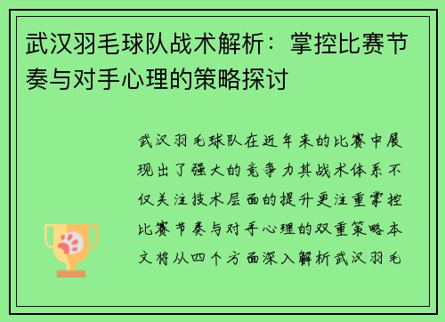 武汉羽毛球队战术解析：掌控比赛节奏与对手心理的策略探讨